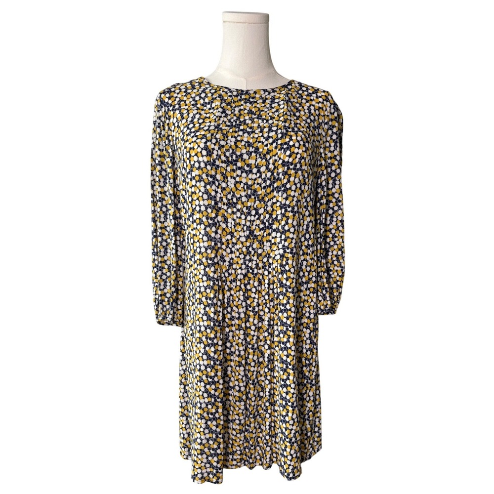Boden Yellow Navy Geometric Circle Print Viscose Shift Dress US 6R Retro Pleated